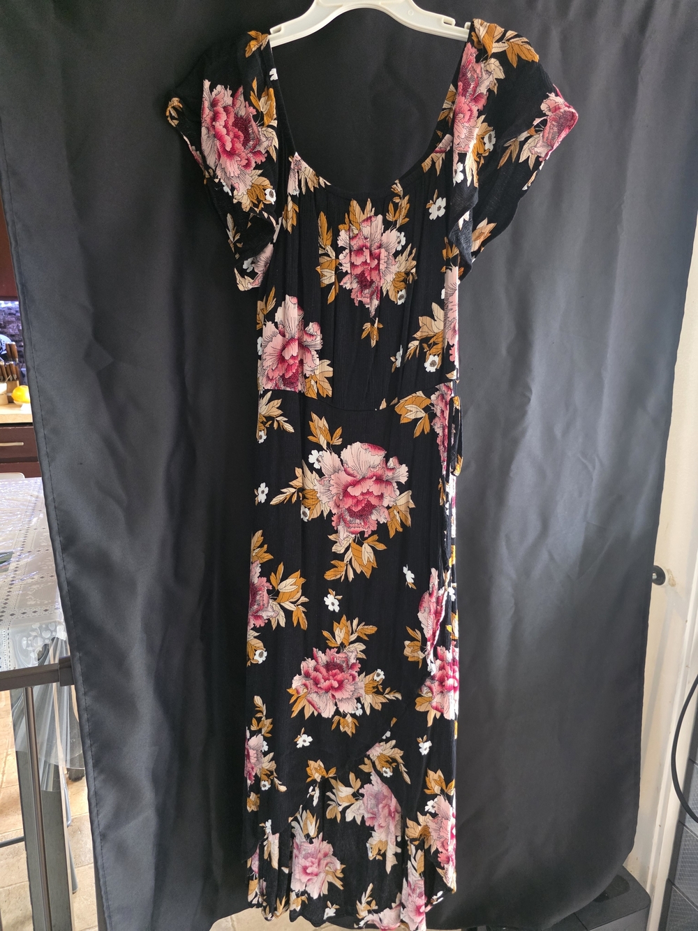 Maurices Black Floral Maxi Dress with Pink & Mustard Blooms